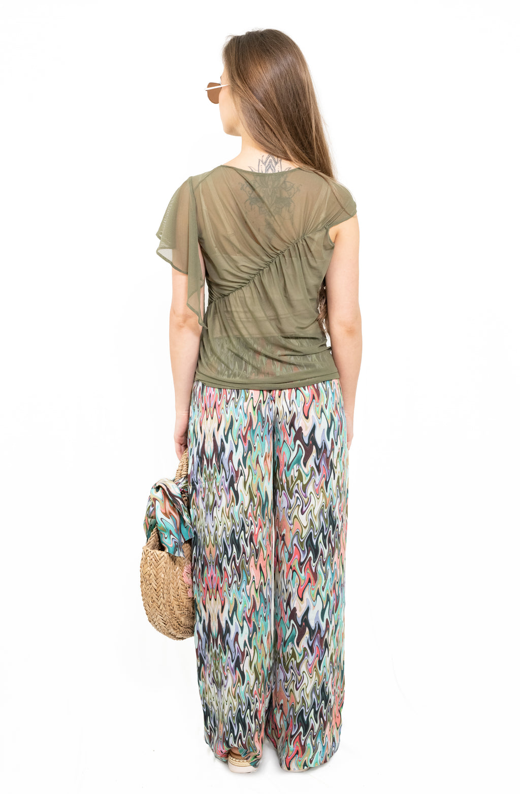 Gerafftes asymmetrisches Mesh-Top | Khaki