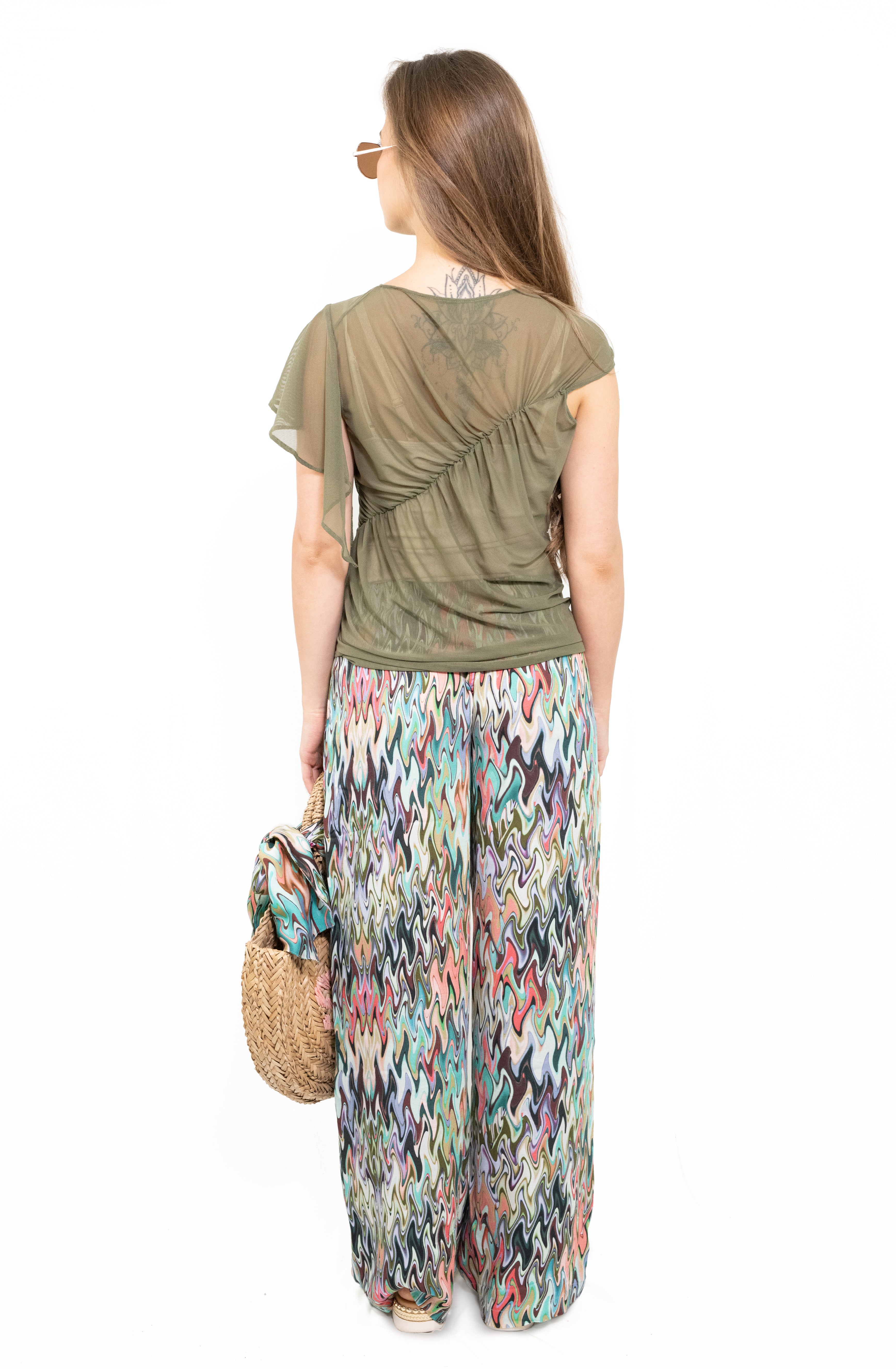 Gerafftes asymmetrisches Mesh-Top | Khaki