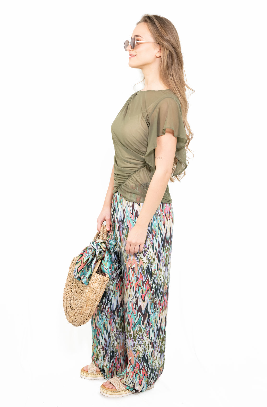 Gerafftes asymmetrisches Mesh-Top | Khaki