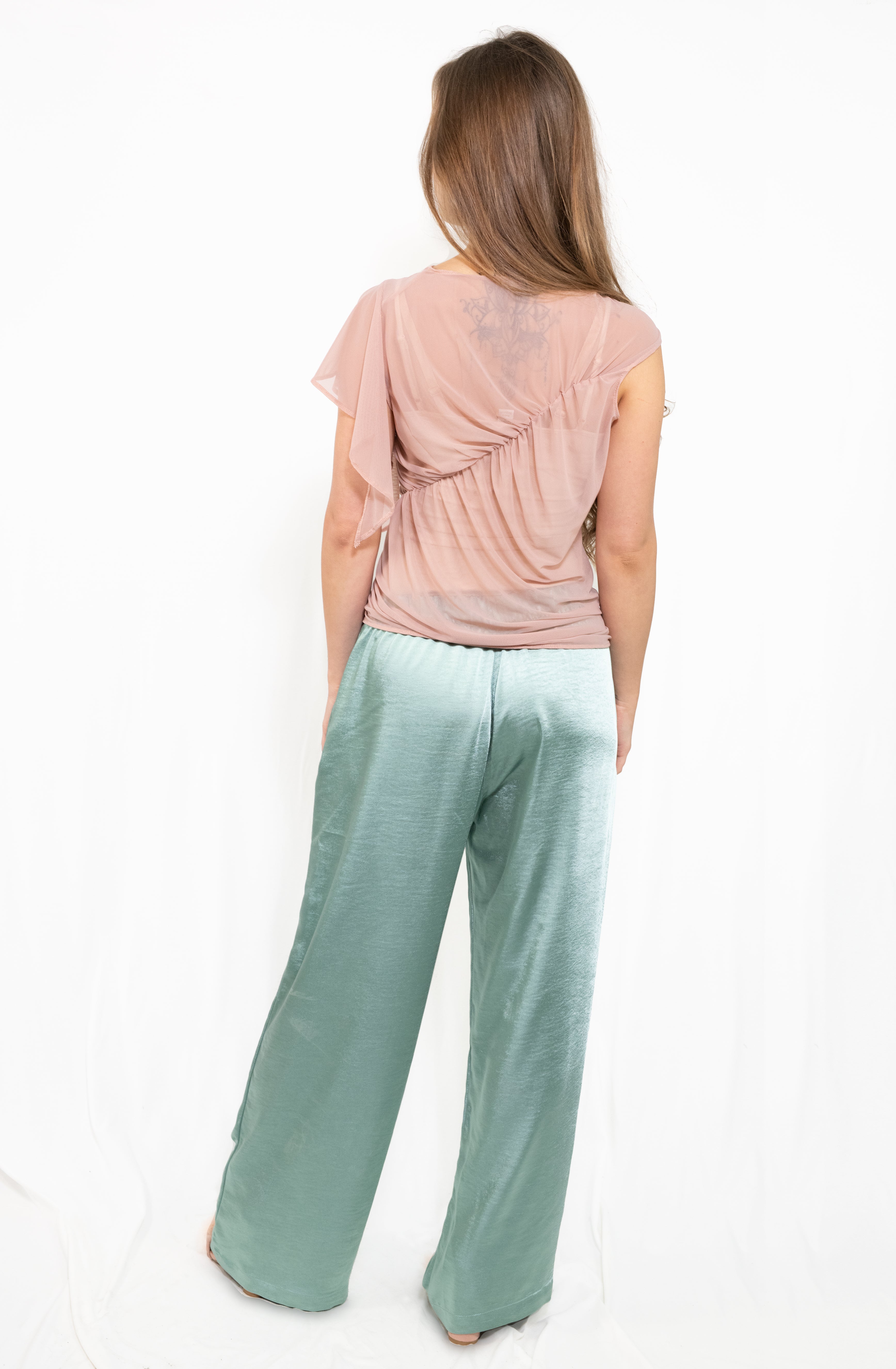 Gerafftes asymmetrisches Mesh-Top | Blush