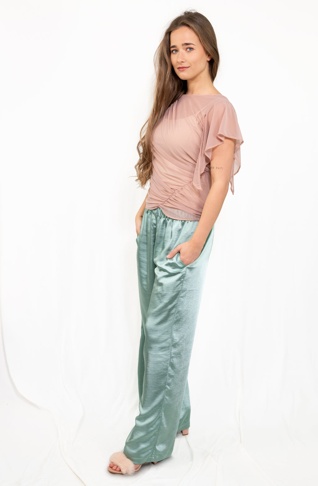 Gerafftes asymmetrisches Mesh-Top | Blush