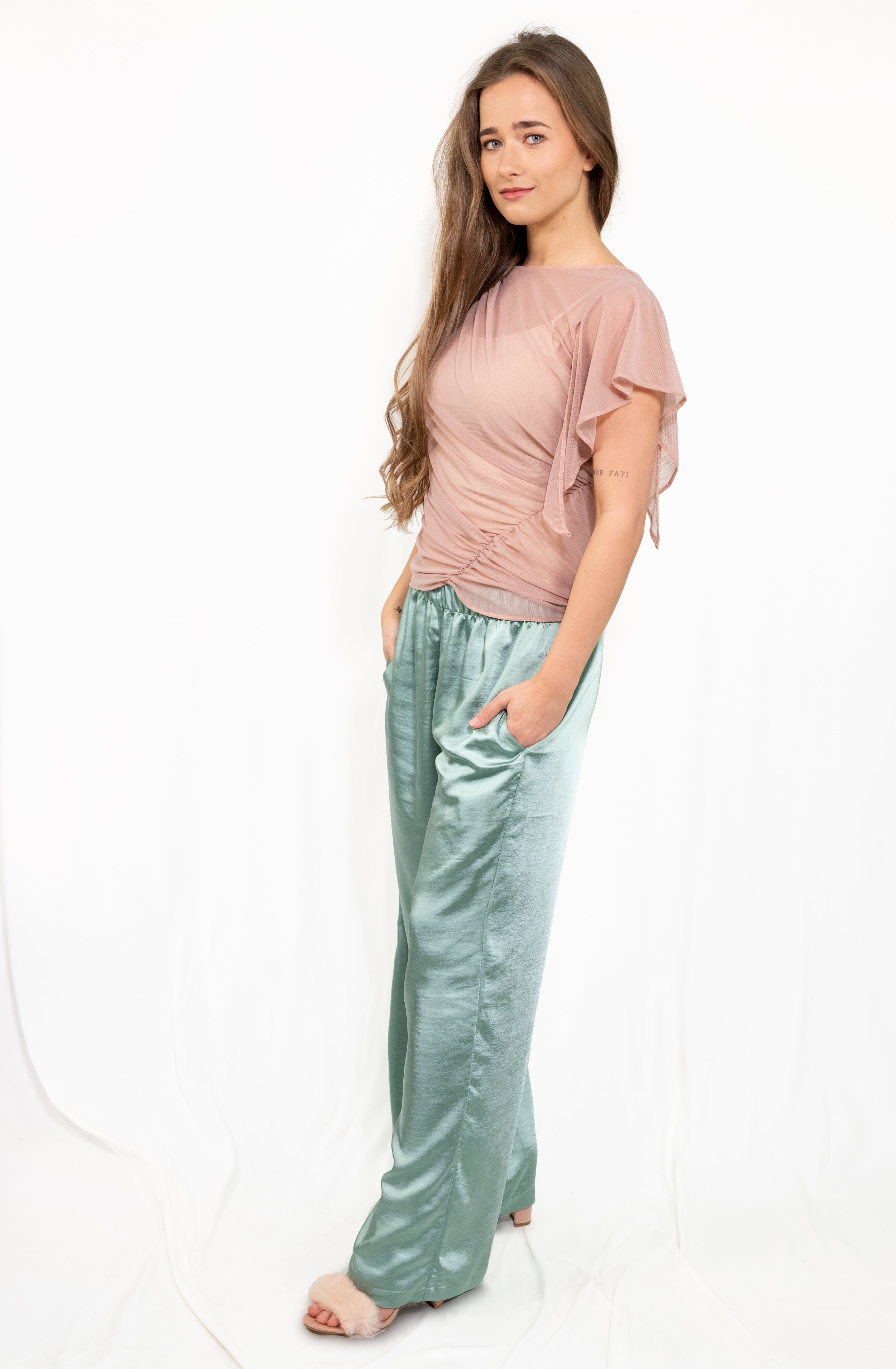 Gerafftes asymmetrisches Mesh-Top | Blush