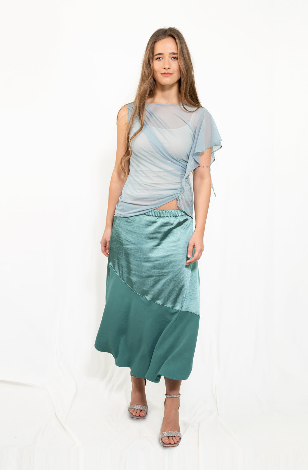 Gerafftes asymmetrisches Mesh-Top | Bleu