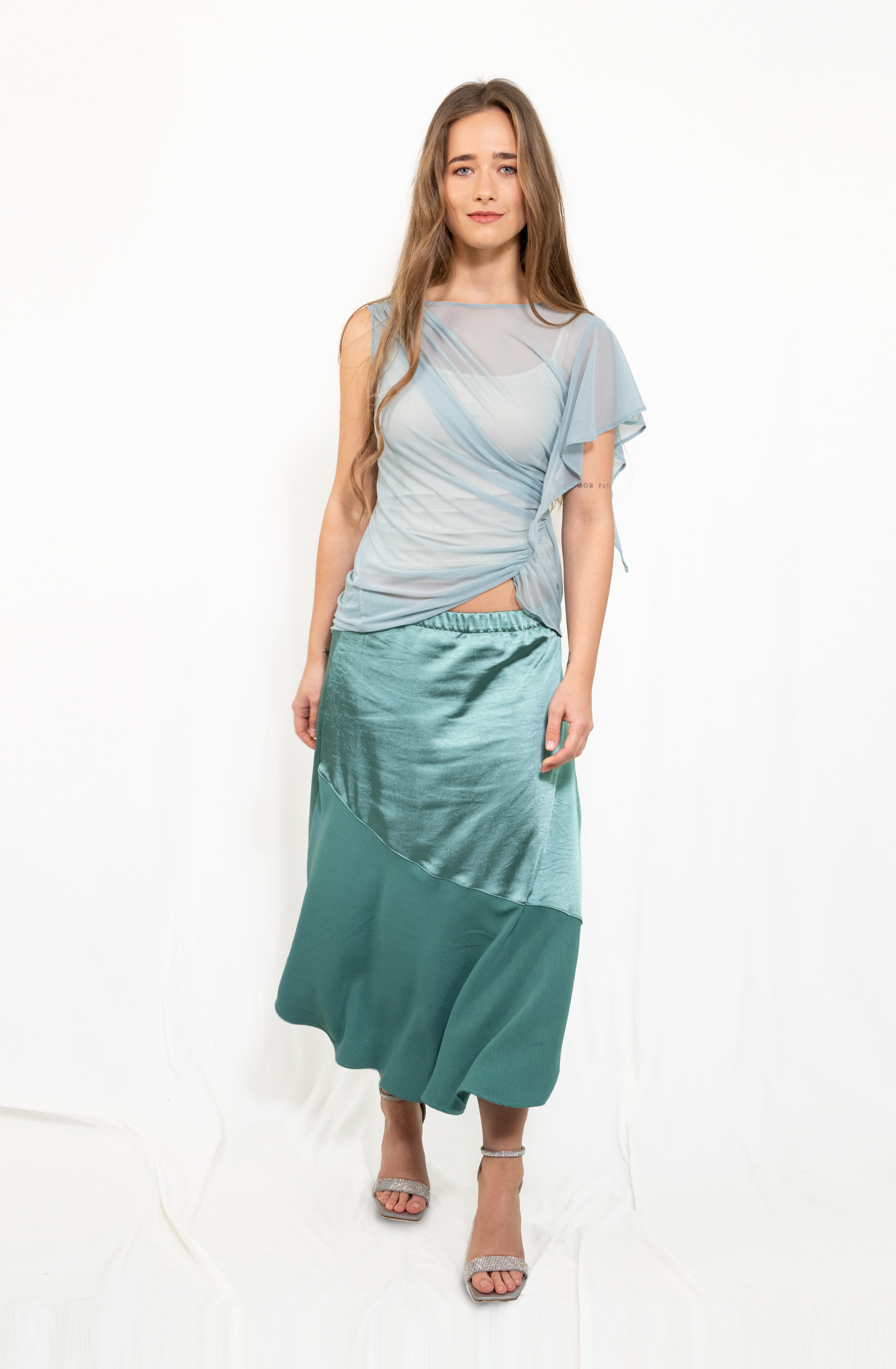 Gerafftes asymmetrisches Mesh-Top | Bleu