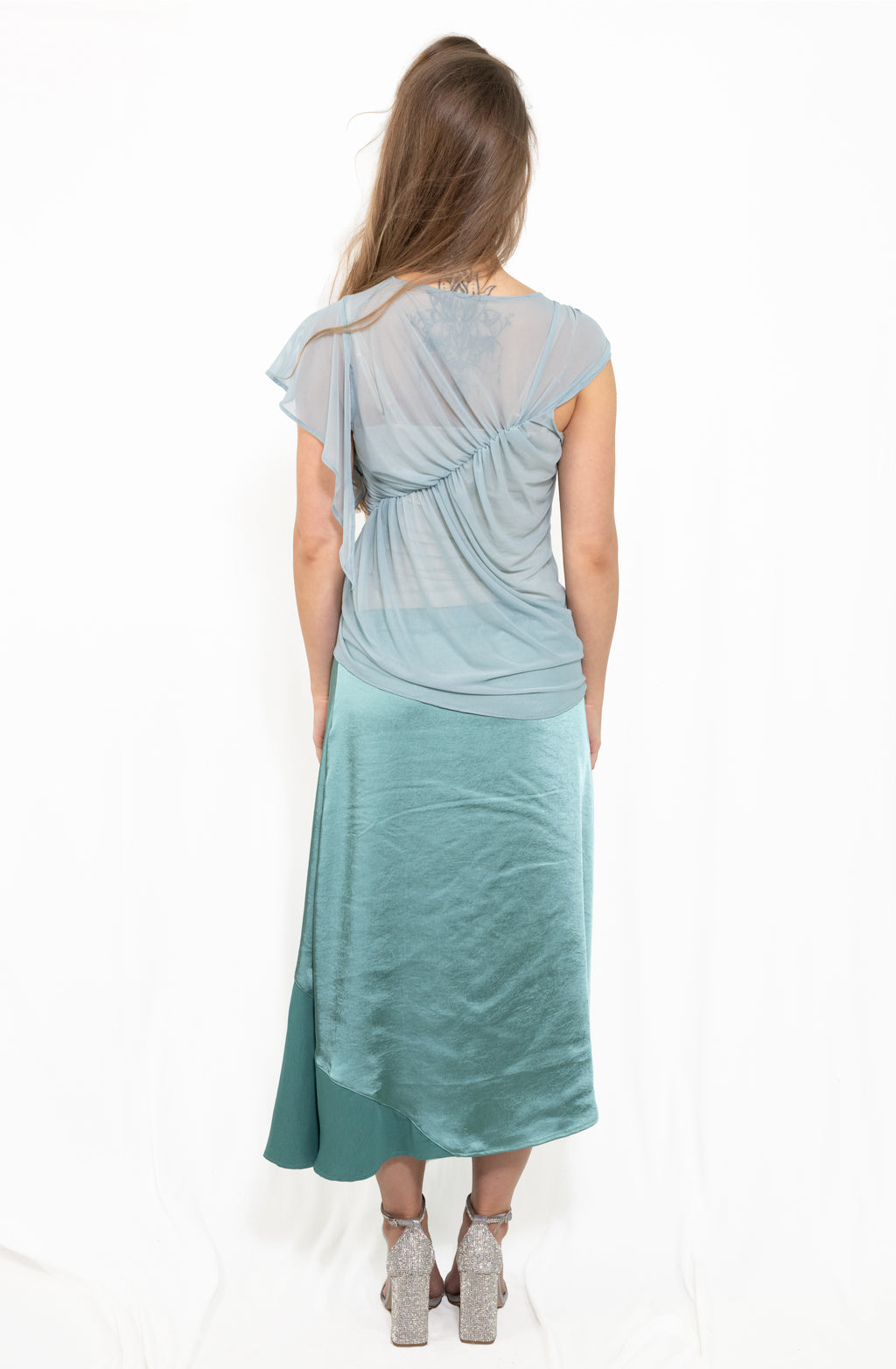 Gerafftes asymmetrisches Mesh-Top | Bleu