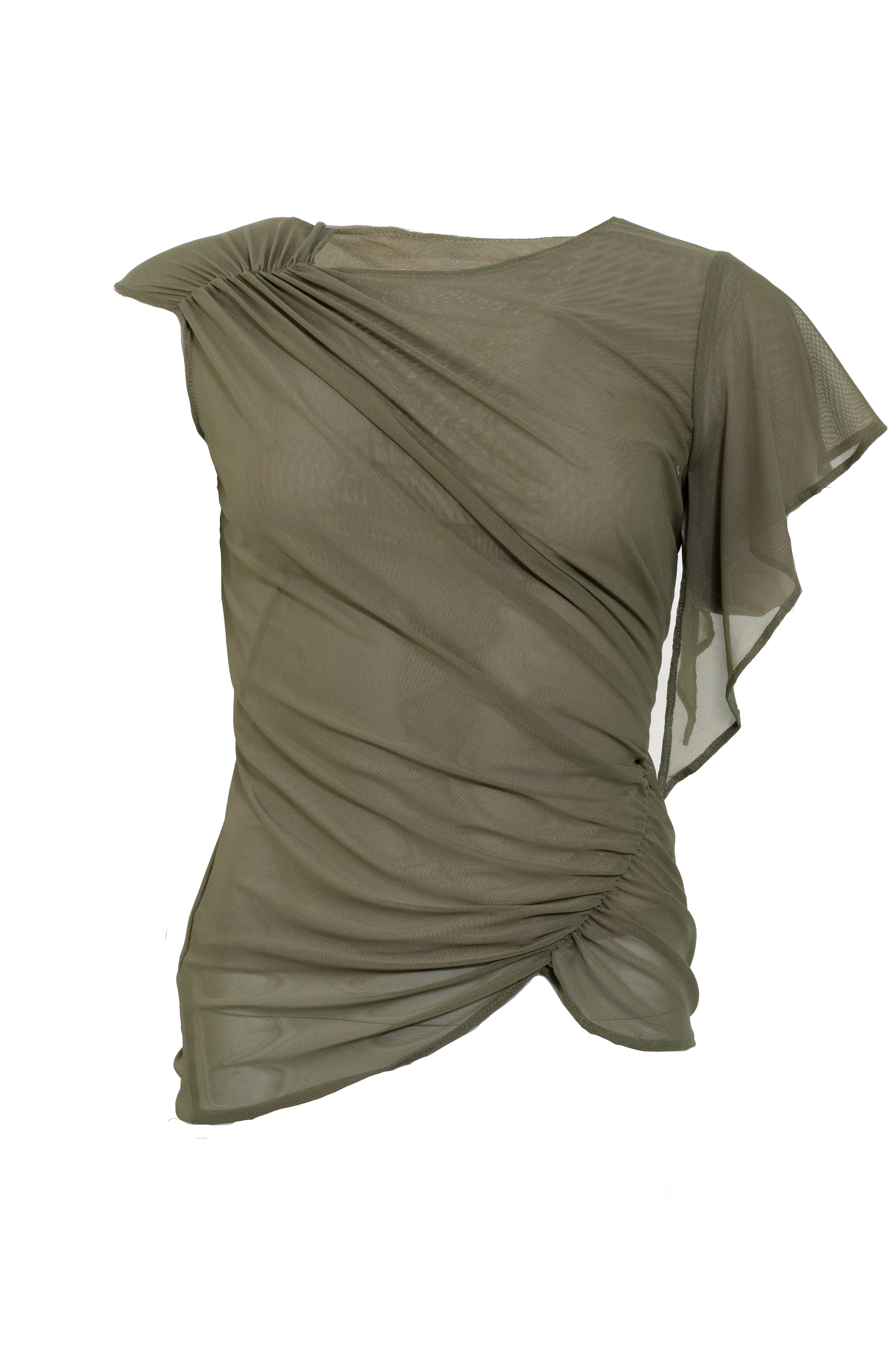 Gerafftes asymmetrisches Mesh-Top | Khaki