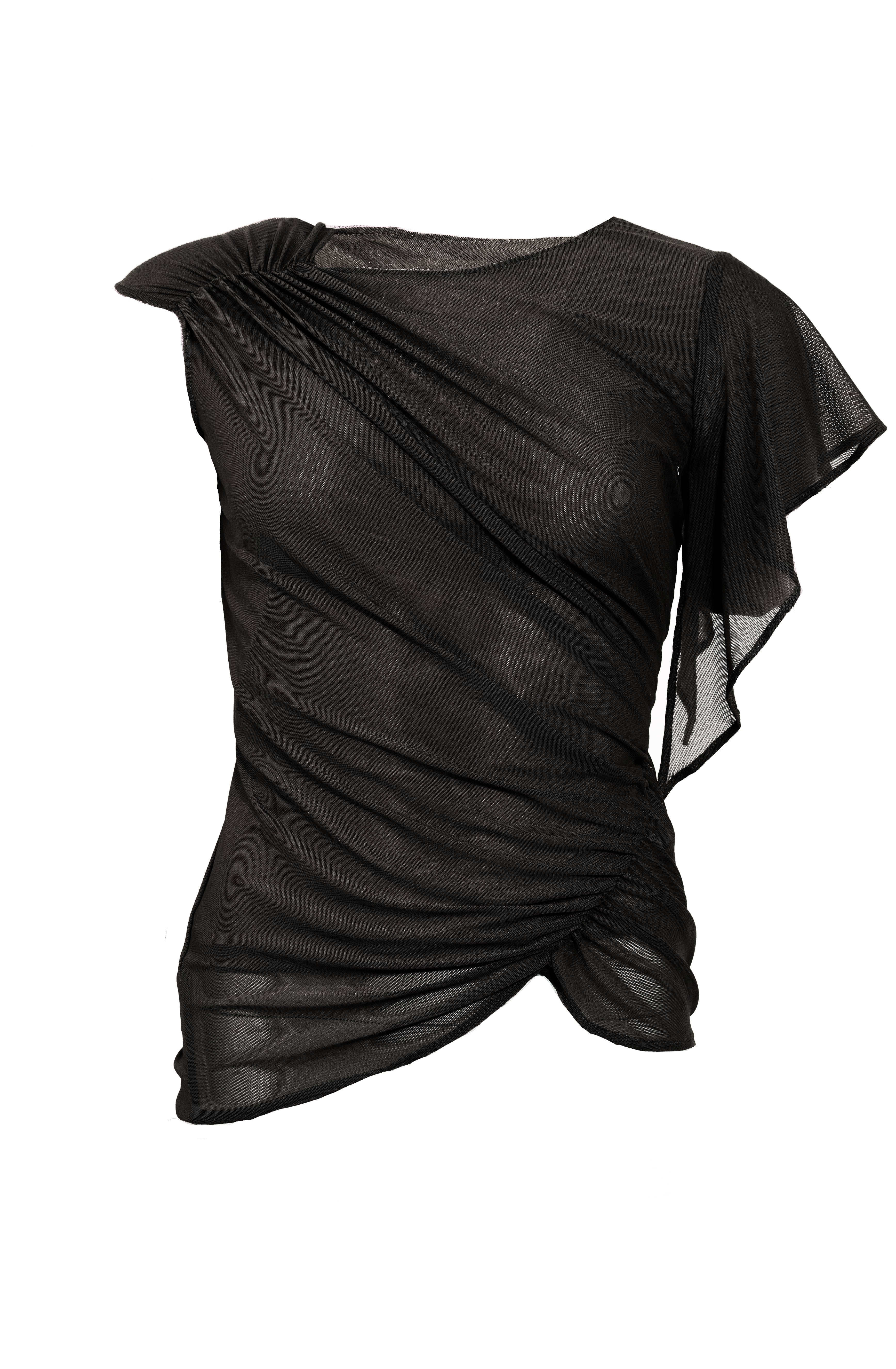 Gerafftes asymmetrisches Mesh-Top | Black