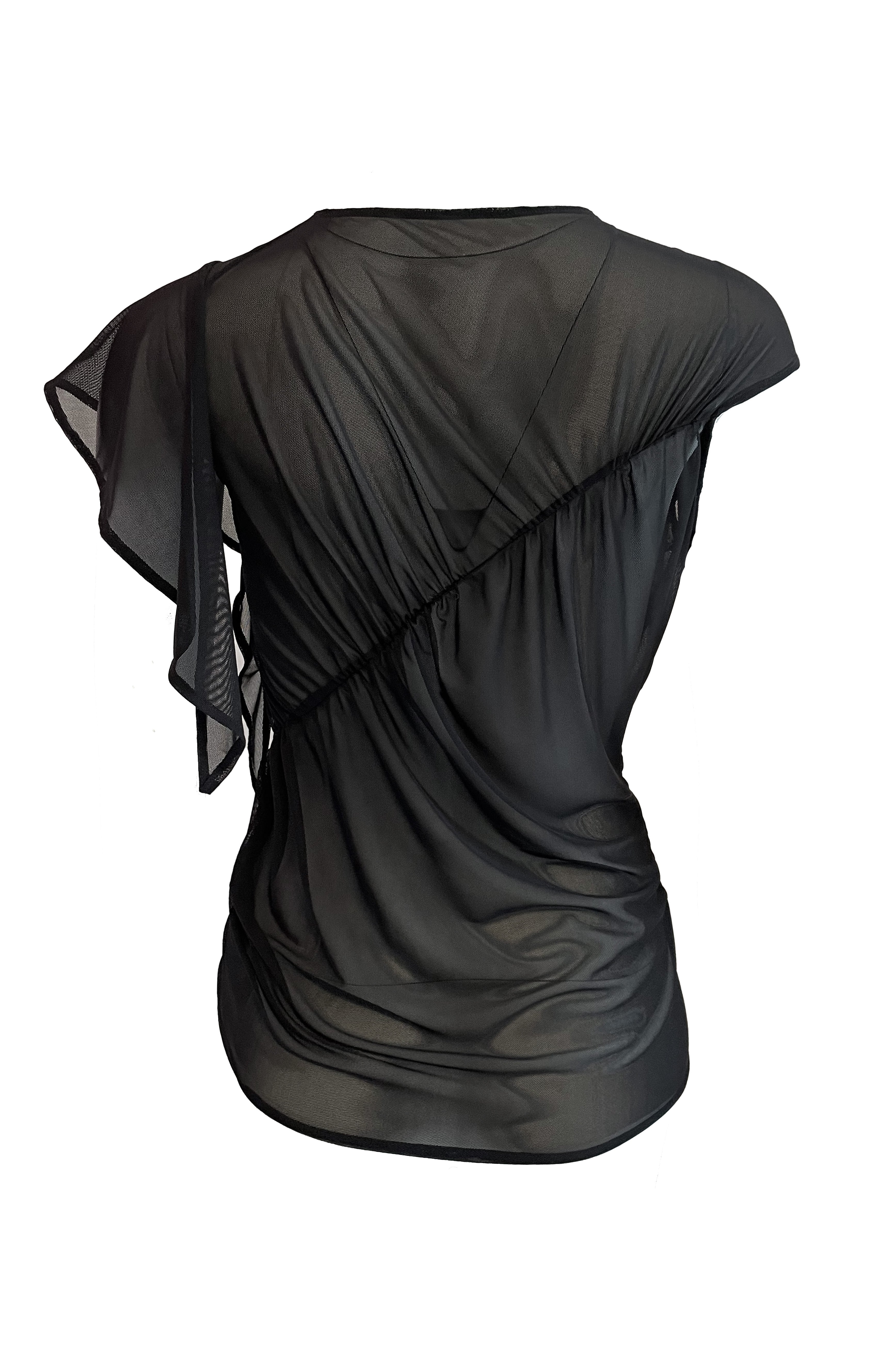 Gerafftes asymmetrisches Mesh-Top | Black